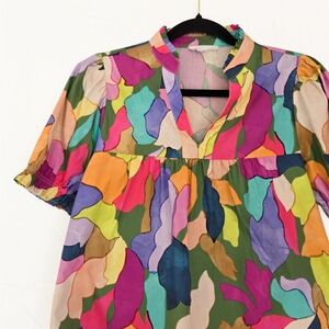 THML Colorful Mosaic Rainbow Puff Sleeve Top, XS